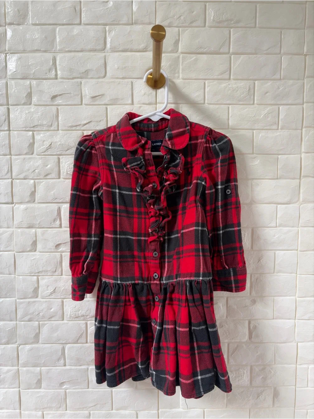 Ralph Lauren Red and Black Plaid Ruffle-Front Dress